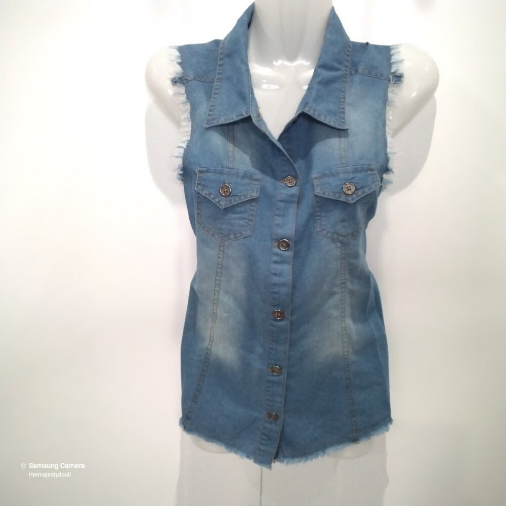 Rare Editions Boho Lightly Faded & Distressed Sleeveless Denim Vest Girls 16 New